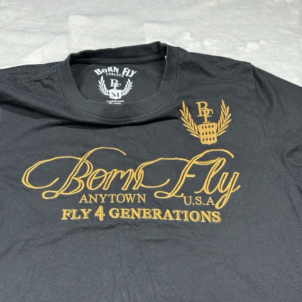 Born Fly Medium T-Shirt Mens Black Gold Embroidered Anytown USA Streetwear Tee - Picture 3 of 7